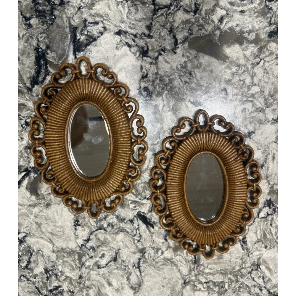 Vintage Ornate Gold Oval Wall Mirrors Set of 2 Small Accent Decor Pair